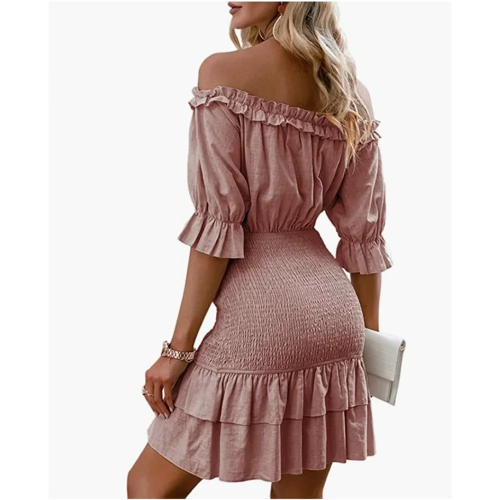 Blush Pink Ruffle Smocked Off Shoulder Lantern Sleeve Bodycon Mini Dress Sundres - Picture 6 of 7
